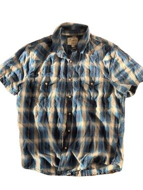 Lucky Brand Men's Cotton Plaid Button-Up Shirt Blue White Short Sleeve L/G 043